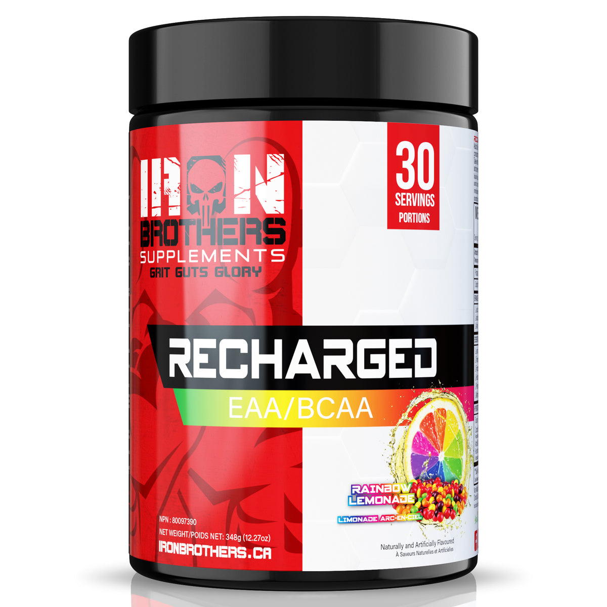 Iron Brothers Supplements Recharged EAA BCAA 1 Tub 30 Servings Powder Drink Rainbow Lemonade